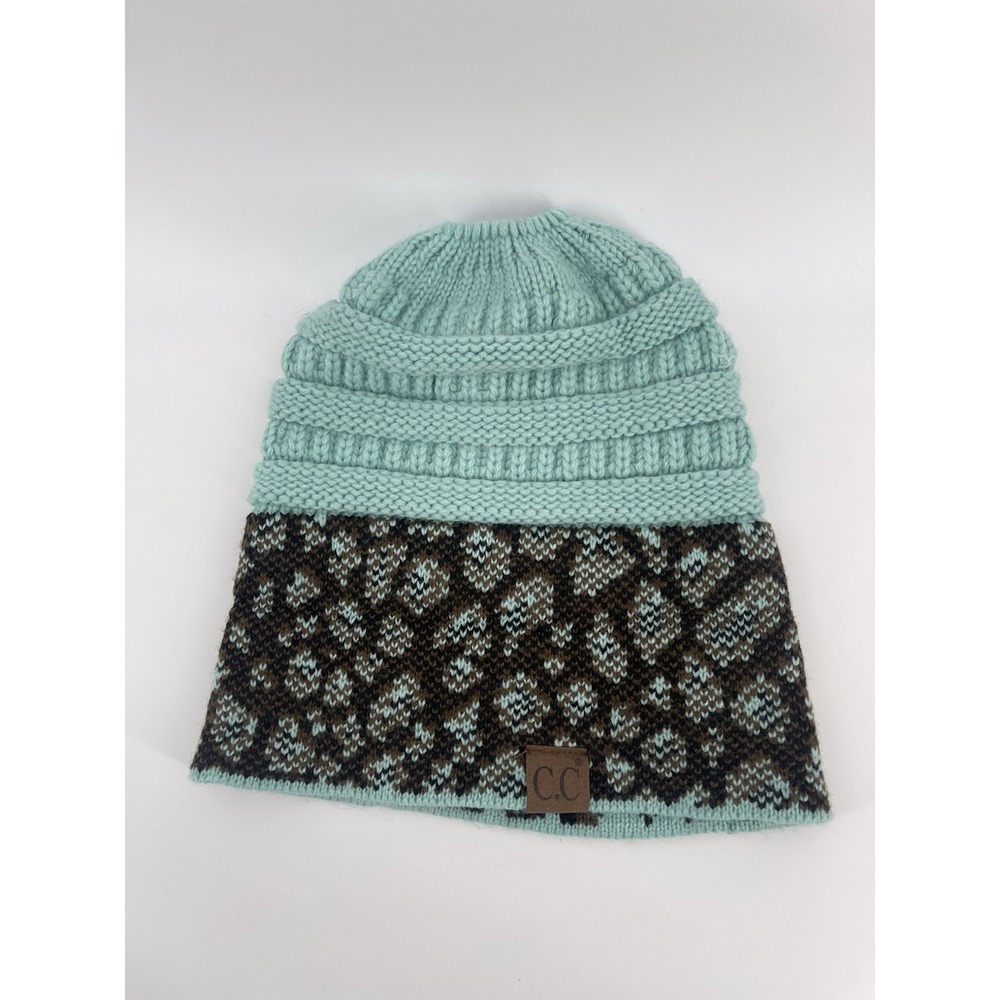 Young Girls CC Exclusives Beanie Hap  Leopard Print Cuffed Teal Cozy Warm Winter